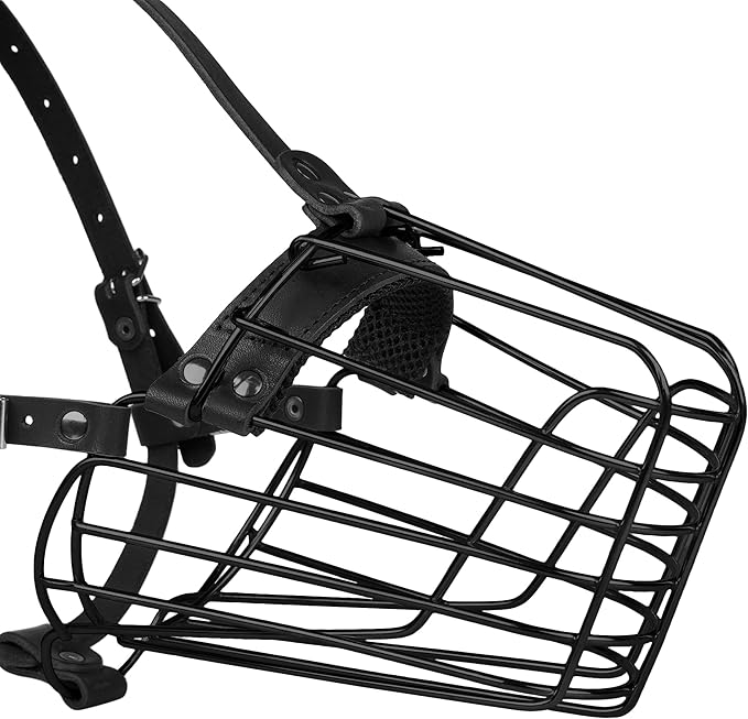 German Shepherd Dog Muzzle Metal Basket for Medium Large Dogs Adjustable Durable Leather Straps Secure Wire Mask for Biting Chewing Barking (Black, L - Size)-PawvioPets