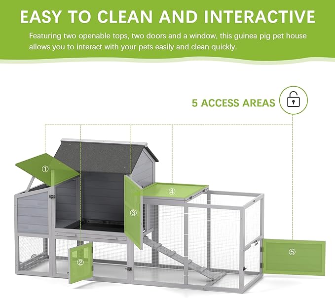 COZIWOW 82" Large Wooden Chicken Coop, Outdoor Rabbit Hutch with Wheels, Sunshine Board, Asphalt Roof, Ramp, Openable Top, Door, Window, Pull-Out Tray, Indoor Bunny Cage (Gray with Pattern)-PawvioPets
