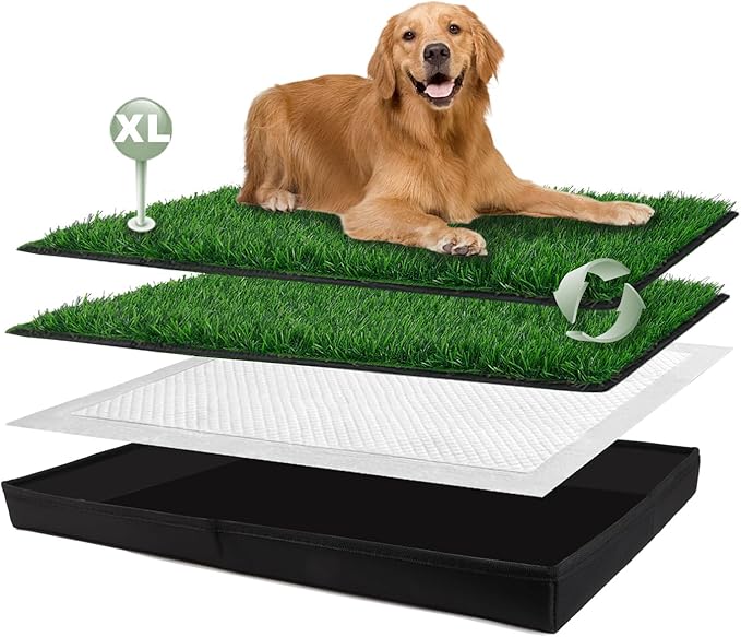 Dog Grass Pad with Foldable Dog Litter Box, Extra Large Liner Base (44”×34”) for Balcony, 2 Artficial Grass Pee Pads for Dogs, Pee Pad Holder, Potty Training-PawvioPets