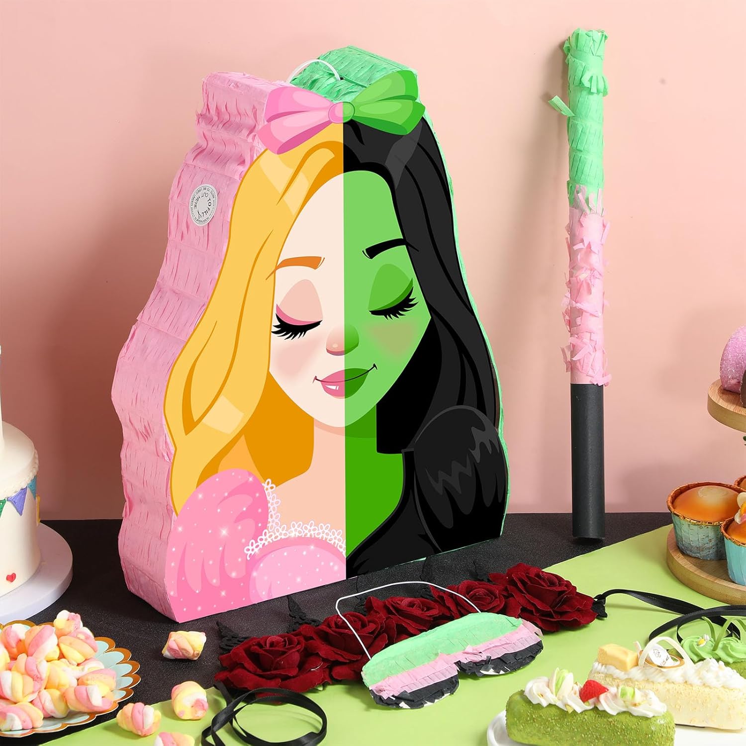 Kasyat Witch Princess Piñata Party Game Set Halloween Witch Piñata with Bat Stick Blindfold Pink Green and Black Party Decor for Halloween Birthday Baby Shower Game Supplies Decor (Movie)