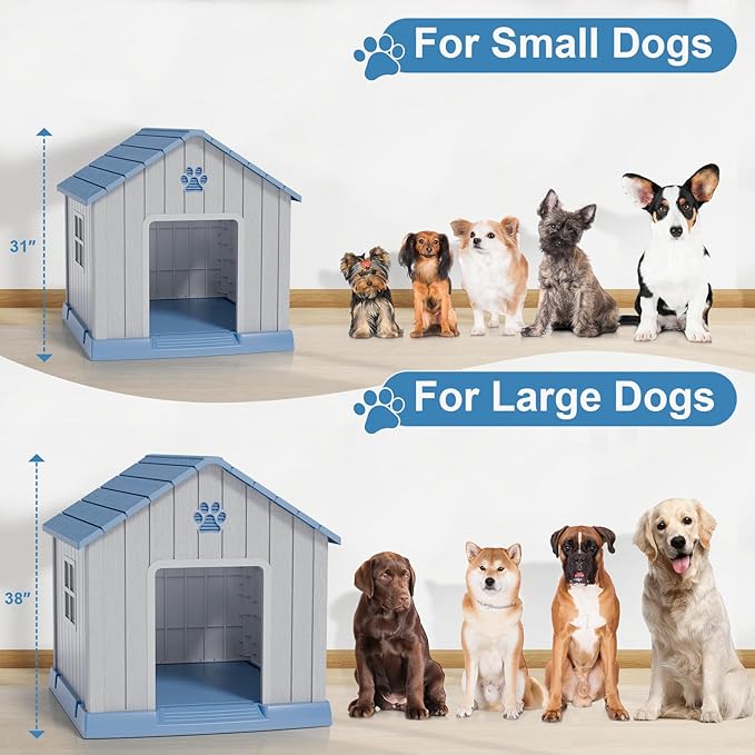 Dog House Indoor Outdoor for Small to Large Sized Dogs Resin Outdoor Dog House with Ventilation Puppy Shelter with Elevated Floor, Easy to Assemble, Blue-PawvioPets