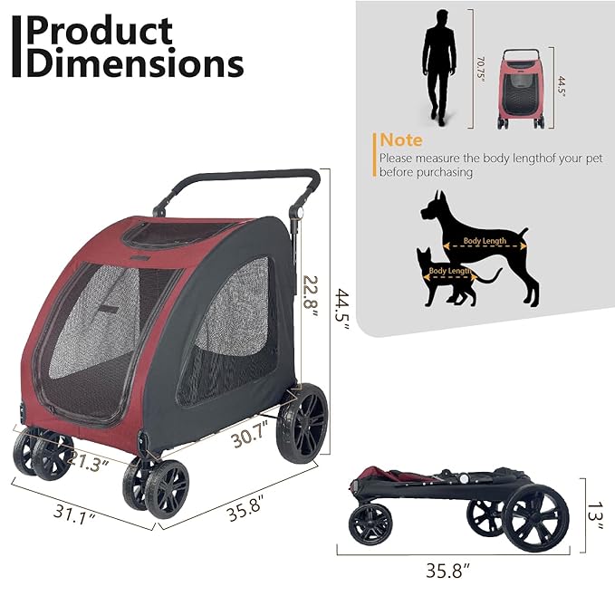 Extra Large Dog Stroller for Medium & Large Pets - Foldable Design, Adjustable Handle, Up to 130 lbs(Red)-PawvioPets