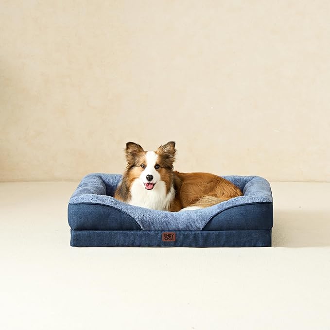 EHEYCIGA Memory Foam Dog Bed for Medium Size, Orthopedic Dog Sofa with Sides and Waterproof Liner, Washable Bolster Pet Couch with Removable Cover, 35x22x6.5 Inch, Navy-PawvioPets