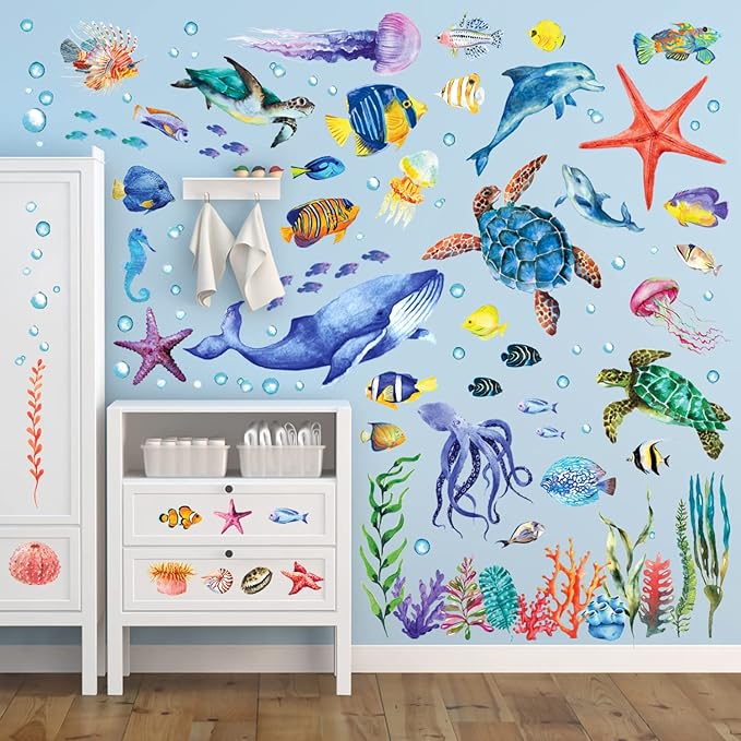 BASHOM DS12-8048 128 Pieces Under The Sea Wall Decals Ocean Fish Stickers Turtle Jellyfish Seaweed Removable for Kids Bedroom Nursery Living Room Home Art Decor Bathroom Baby-PawvioPets