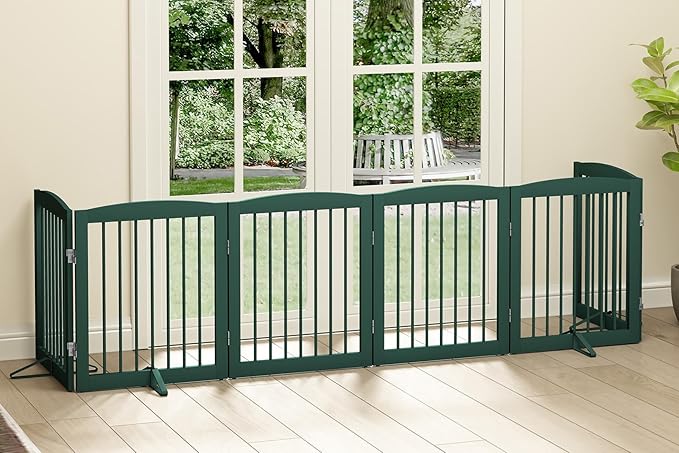 Freestanding Pet Gate for Dogs, Foldable Wooden Dog Gate for House, Extra Wide Indoor Pet Barrier for Stair, Doorway, Hall, Support Feet Included, 120 Inch Wide, 6 Panels 24",Green-PawvioPets