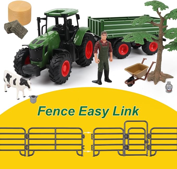 Farm Animal Tractor Toys Playset-16.5 Inches Tractor with Trailer Fence,Farmer,Tree,Cow,Farm Toy Set for Boys Girls Kids Toddlers Age 3-7 Years Old-PawvioPets