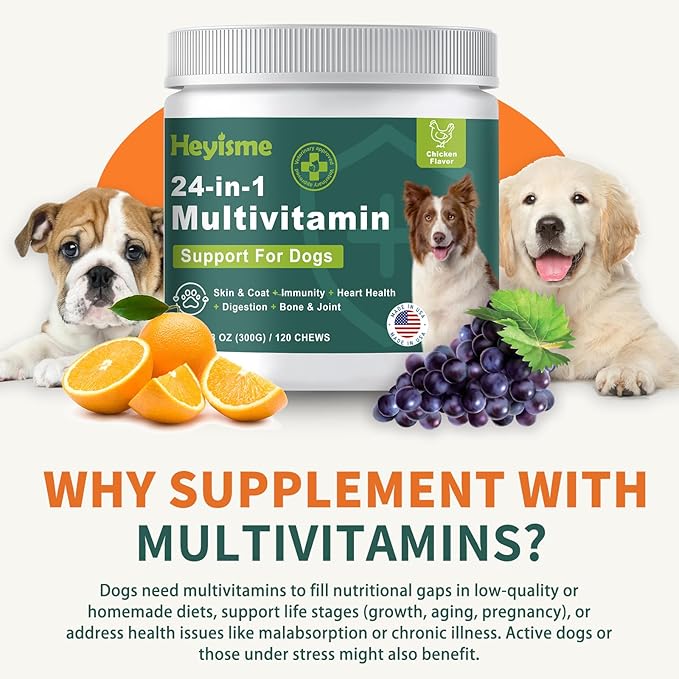 Dog Multivitamin, Glucosamine Chondroitin for Dogs, Dog Vitamins and Supplements, Probiotics, Krill Oil for Hip & Joints, Skin, Coat, Immune Health, Heart, Digestion (120 Chews, Chicken)-PawvioPets