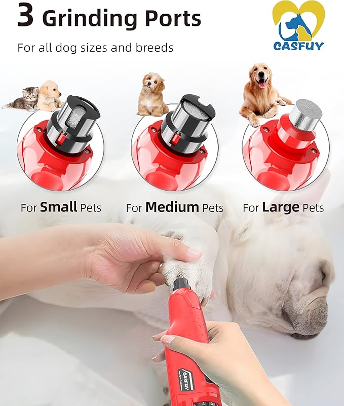 Casfuy Dog Nail Grinder Quiet - (45db) 6-Speed Pet Nail Grinder with 2 LED Lights for Large Medium Small Dogs/Cats, Professional 3 Ports Rechargeable Electric Dog Nail Trimmer with Dust Cap(Red)-PawvioPets
