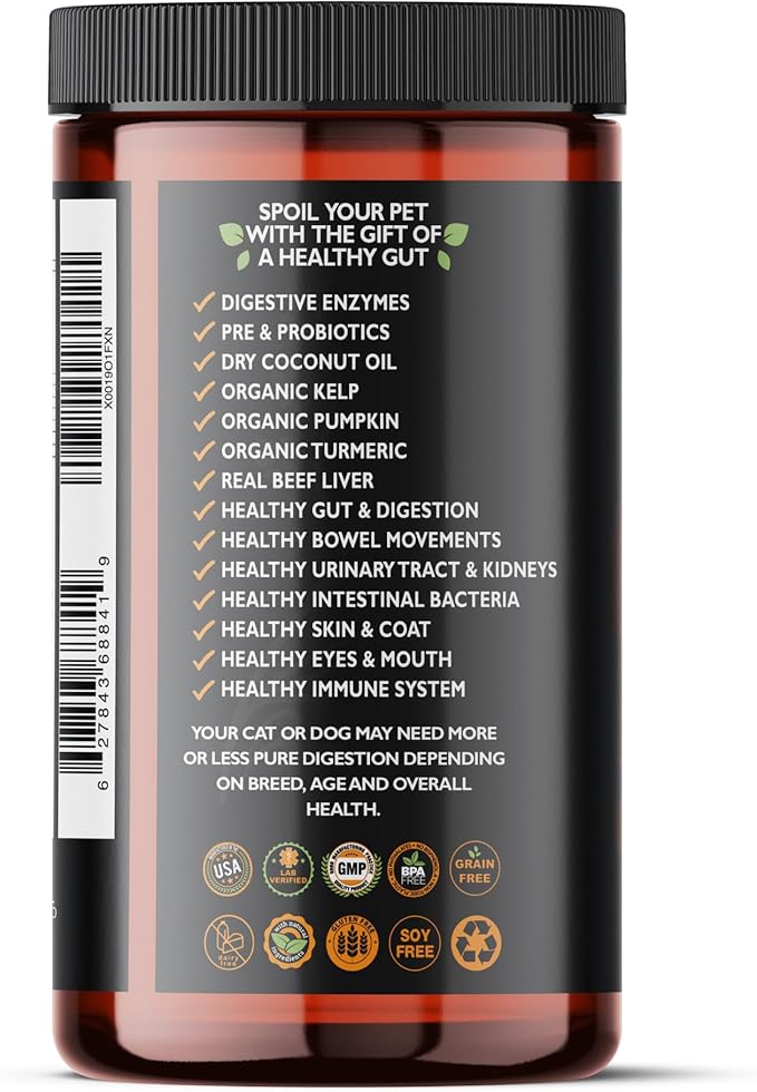 Dog & Cat Premium Probiotic Prebiotic & Digestive Enzymes 5 Billion CFU Organic Turmeric Coconut Oil Pure Pumpkin & Kelp for Healthy Bowels Gut & UTIs Beef Liver Flavor-PawvioPets