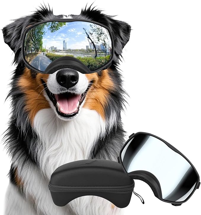 Dog Sunglasses UV Protection Clear Dog Goggles Windproof Glasses with Elastic Straps for Medium-Large Breed, Black Frame + Silver Lens-PawvioPets