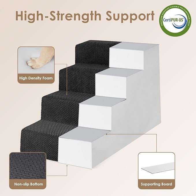 EHEYCIGA Dog Stairs for Bed 20" H, 4-Step Extra Wide Dog Steps for High Bed, Pet Steps for Small Dogs and Cats, Non-Slip Balanced Pet Ramp Indoor, Black-PawvioPets