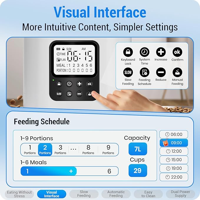 Automatic Cat Feeder with Slow Feed for 2 Cats: Timed Automatic Dog Feeder with Information Visualization Interface, Cat Food Dispenser for Multiple Pets, Detachable for Easy Cleaning-29 Cup-PawvioPets