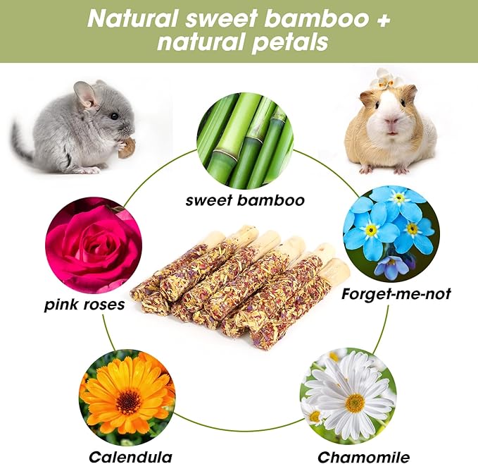 Abizoo Natural Rabbit Chew Toys,10 Sticks Sweet Bamboo Sticks for Rabbits with Petals,Bunny Chew Toys for Guinea Pig,Chinchilla,Hamster Treats Pet Wood Chews Snack Healthy Small Animals Toys for Teeth-PawvioPets