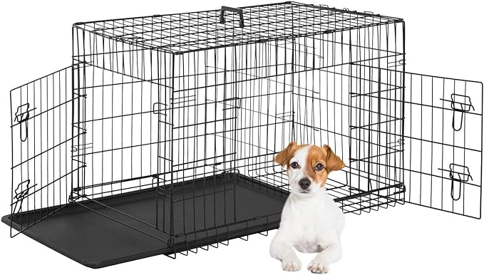 FDW Dog Crate for Small Dogs 24 Inch Folding Metal WirePet Cage Double Door W/Divider Panel Indoor Outdoor Kennel Leak-Proof Plastic Tray,Black-PawvioPets