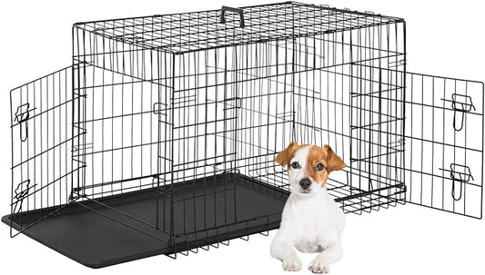 FDW Dog Crate for Small Dogs 24 Inch Folding Metal WirePet Cage Double Door W/Divider Panel Indoor Outdoor Kennel Leak-Proof Plastic Tray,Black-PawvioPets