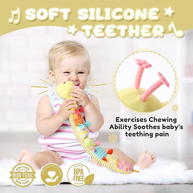 Baby Toys 0 to 12 Months, Musical Stuffed Animal Activity Soft Toys with Multi-Sensory Crinkle, Rattle and Textures, Infant Tummy Time Toys for Newborn Boys Girls, Caterpillar, Yellow-PawvioPets