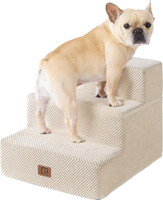 EHEYCIGA Dog Stairs for Small Dogs 13.5" H, 3-Step Dog Steps for Couch Sofa and Chair, Pet Steps for Medium Cats, Non-Slip Balanced Pet Ramp Indoor, Beige-PawvioPets