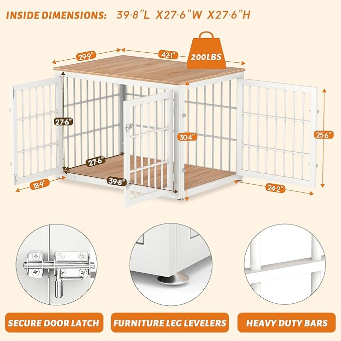 42 Inch Heavy Duty Dog Crate Furniture for Large and Medium Dogs, Decorative Pet House End Table, Wooden Cage Kennel Furniture Indoor, Natural and White-PawvioPets