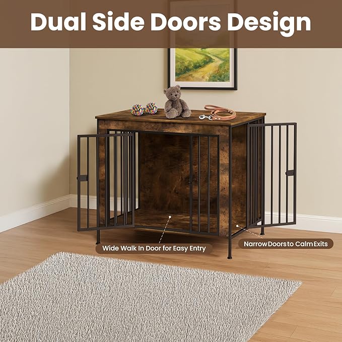 Dog Crate Furniture 40" Sturdy Heavy Duty Dog Kennel Solid Metal Tube Thick Wooden with 3 Lockable Doors Single Dog Cage Large Breed as TV Stand End Table for Large Dog Rustic Brown-PawvioPets