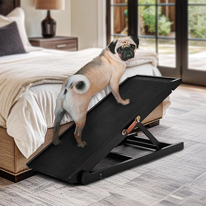 Dog Ramp for Bed, Adjustable Pet Ramps for Dog to Get on Bed, Non-Slip Rubber Surface - Folding Wooden Dog Ramp for Small/Large/Old Dogs, Adjustable up to 19.5 inch High Beds-PawvioPets