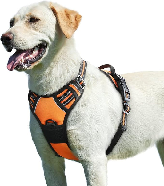 Eagloo Dog Harness for Large Dogs, No Pull Service Vest with Reflective Strips and Control Handle, Adjustable and Comfortable for Walking, No Choke Pet Harness with 2 Metal Rings, Orange, L-PawvioPets