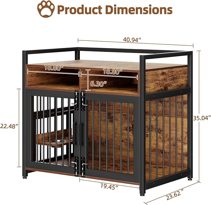 Furniture Style Dog Crate with Storage, 41 Inch Dog Crate Furniture with Double Doors, 2 Stainless Steel Bowls, Dog Crate Furniture-Style Crate for Large/Medium Dog-PawvioPets