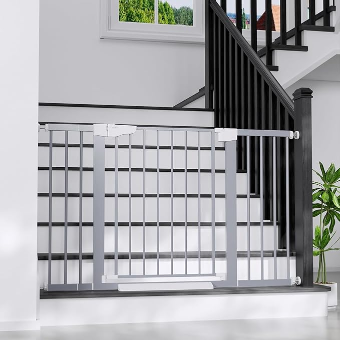 Cumbor 29.7"-51.5" Extra Wide Baby Gate for Stairs, Mom's Choice Awards Winner-Dog Gates for Doorways, Pressure Mounted Walk Through Pet Gate Indoor, Safety Auto-Close Child Gate for Kids, Gray-PawvioPets