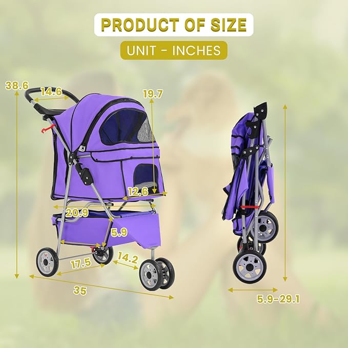 Foldable Pet Stroller,Dog Stroller with 3 Wheel,Pet Strolling Cart,Dog Travel Carrier with Storage Basket and Cup Holder for Dog Puppy,Purple-PawvioPets