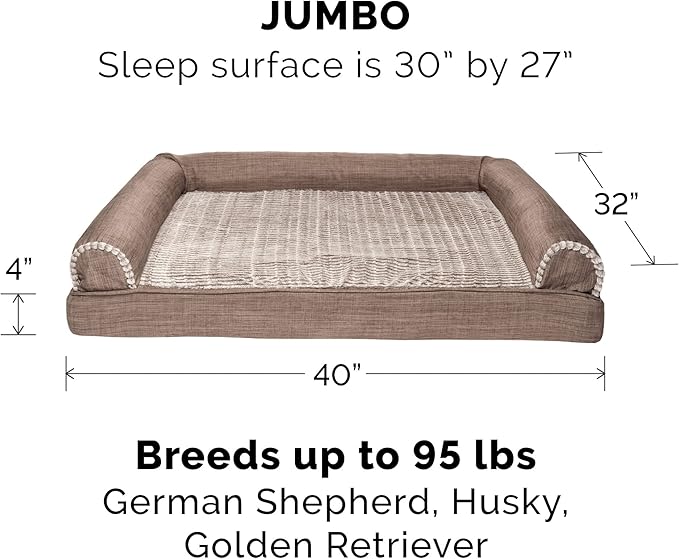 Furhaven Cooling Gel Dog Bed for Large Dogs w/ Removable Bolsters & Washable Cover, For Dogs Up to 95 lbs - Luxe Faux Fur & Performance Linen Sofa - Woodsmoke, Jumbo/XL-PawvioPets