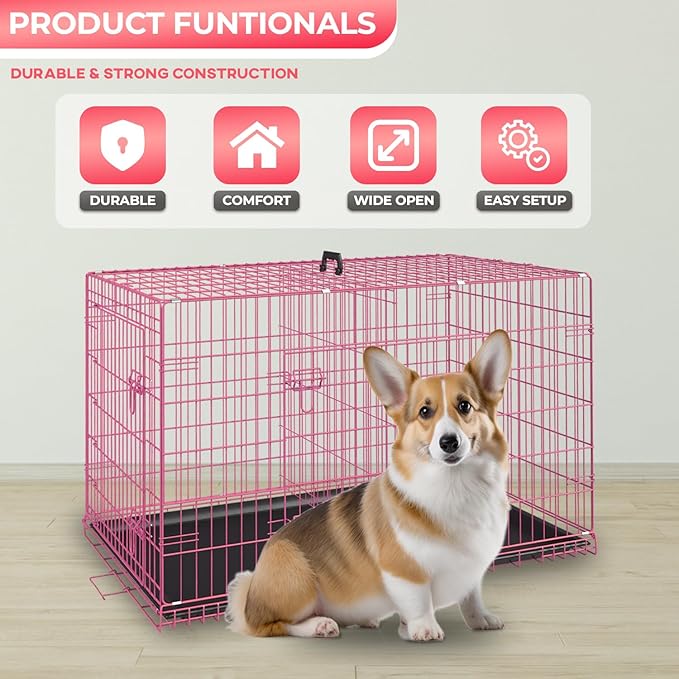 FDW Dog Crate for Small Dogs 24 Inch Folding Metal WirePet Cage Double Door W/Divider Panel Indoor Outdoor Kennel Leak-Proof Plastic Tray,Pink-PawvioPets