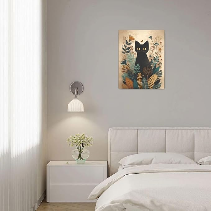 Boho Black Cat Wall Art Kitten Botanical Wall Decor Mid Century Modern Canvas Painting Print Minimalist Pictures Artwork Framed Decorations Gifts for Cat Lover Bathroom Nursery Living Room Bedroom Kitchen 16"x20"-PawvioPets