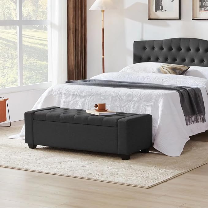 48" Ottoman with Storage, Storage Ottoman Bench with Safety Hinge, Upholstered Entryway Bench with Seating for Bedroom, Living Room, Holds up to 330 lb, Dark Gray-PawvioPets