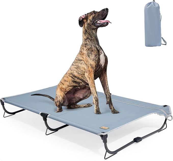 Daisy Cot, XL Foldable Elevated Dog Bed, Portable Raised Outdoor Folding Dog Cots, Cooling, Chew Proof, Waterproof, Heavy Duty Up to 160 lbs for Camping/Home, Grey, 49"x 33"x7"-PawvioPets
