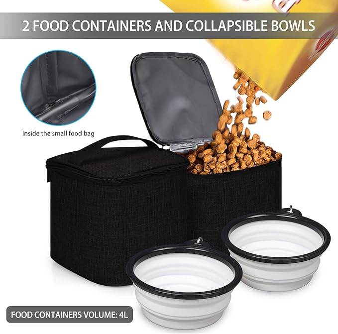 BAGLHER Pet Travel Bag, Double-Layer Pet Supplies Backpack (for All Pet Travel Supplies), Pet Travel Backpack with 2 Silicone Collapsible Bowls and 2 Food Baskets Black-PawvioPets