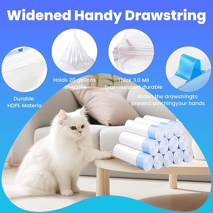 120 Pack Jumbo Cat Litter Bags-3MIL Extra Thick Leakproof Litter Box Liners, 37"x18" Heavy Duty Drawstring Cat Litter Liners for Automatic Litter Box, Odor Control Disposable Kitty Litter Bags 12 Roll-PawvioPets