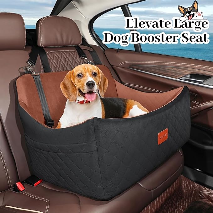 Dog Car Seat for Medium & Large Dogs Up to 55lbs, Memory Foam Cushion, Washable Cover, Safety Straps & Non-Slip Bottom(Black/Brown,Large)-PawvioPets