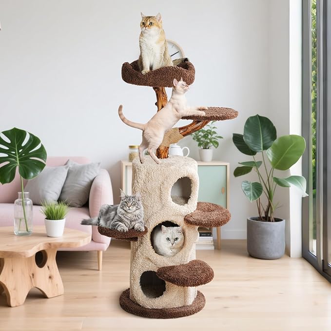 54.7'' Modern Cat Tree for Indoor Cats Large Adult, Wood Cat Tree with 3 Spacious Condos, Luxury Cat Tower with Cozy Perch, Scratching Post, Sturdy Kitty House Furniture for Small Medium Large Cats-PawvioPets