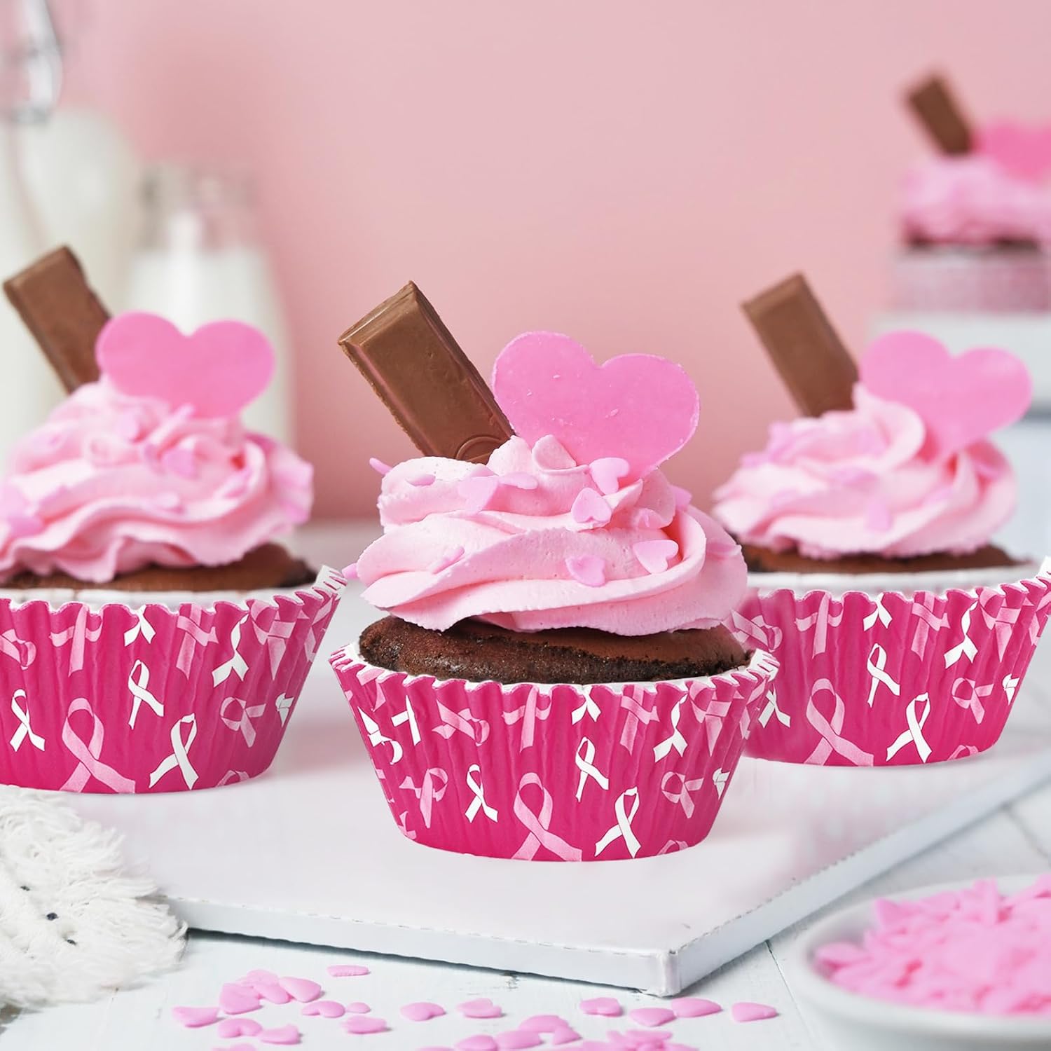 Whaline 300 Pcs Breast Cancer Awareness Cupcake Liners Pink Ribbon Cupcake Wrappers Muffin Liners for Women Breast Cancer Awareness Supplies, 2 x 1.2 Inch