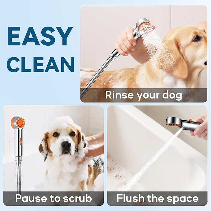 Dog Shower Attachment, 3 Mode Handheld Sprayer with ON/OFF Switch, G1/2" Metal Diverter, 100 Inches Stainless Steel Hose, No Drill Holder, for Pet and Dog Washing in Bathroom-PawvioPets