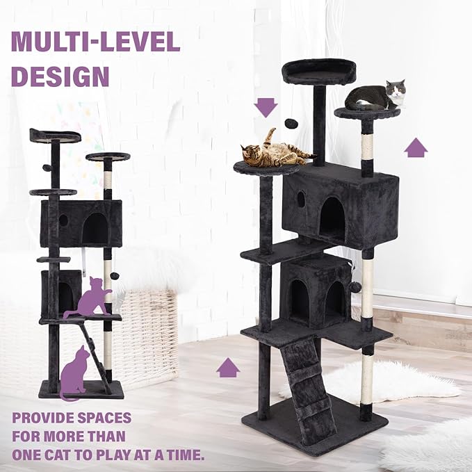 70 inches Cat Tower for Indoor Cats Multi-Level Cat Condos for XL Cat Tree Cat Climbing Tower with Scratching Posts, Hanging Toys,Dark Gray-PawvioPets