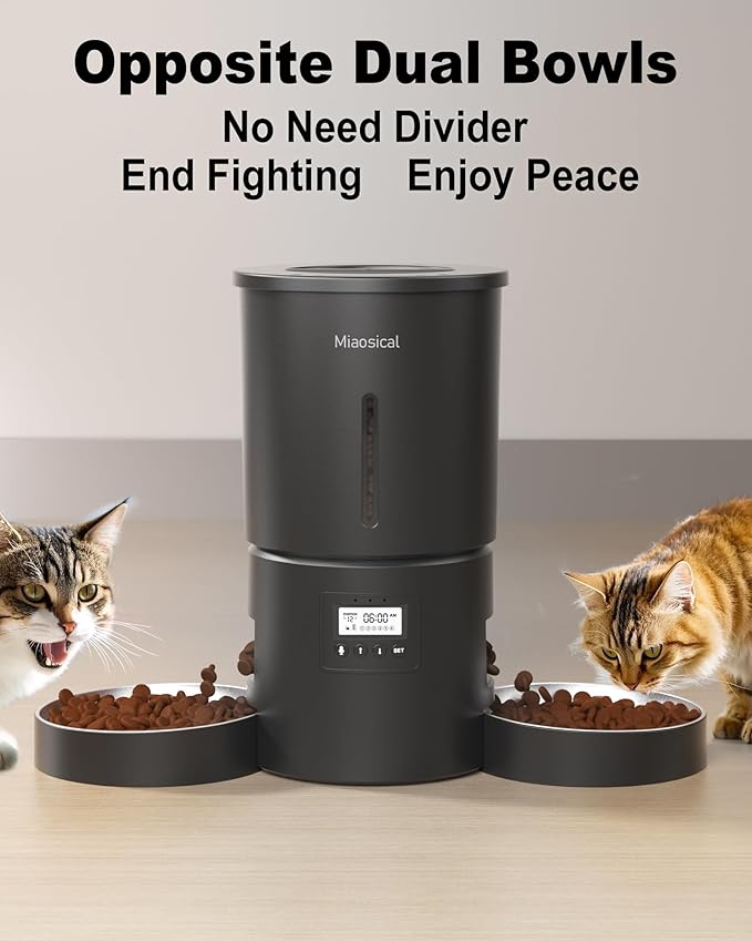 Dual Automatic Cat Feeder 2 Cats,6 Meals/Day,12 Portions/Meal,4.2L Dual Power Double Bowls Feeder,Dry Food Auto Pet Dispenser,10S Voice Record,Flexible Schedule Timer (Black,Stainless Dual Bowls)-PawvioPets