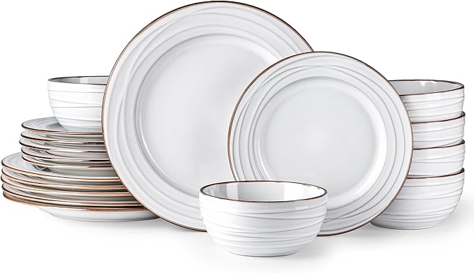 GBHOME Ceramic Dinnerware Sets,18 pcs Embossed Elegant Stoneware Plates and Bowls Sets, Housewarming Wedding Gift | Dishwasher & Microwave Safe | Dishes Set Service for 6-PawvioPets