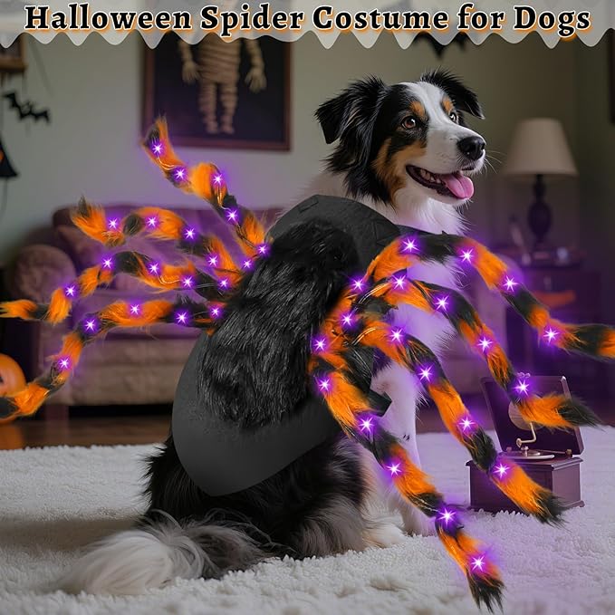 Camlinbo 24 LED Spider Dog Halloween Costume for Small Medium Large Dogs, Furry Spider with LED Lights Puppy Pet Costume Outfits Clothes Funny Halloween Costume Party Cosplay-PawvioPets