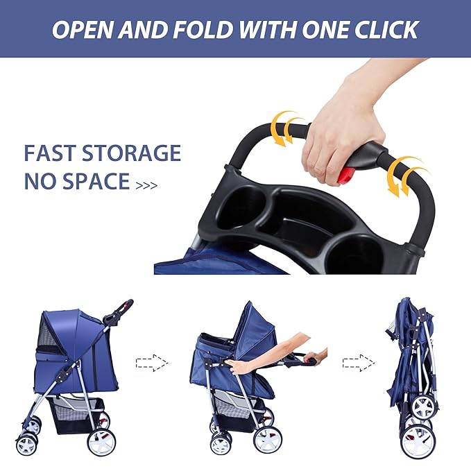 4 Wheels Pet Stroller for Small Medium Dogs Cats 10-33 lbs, Foldable Dog and Cat Stroller with Cup Holder & Storage Basket & Breathable Mesh, Pet Strolling Cart for All-Season, Navy Blue-PawvioPets