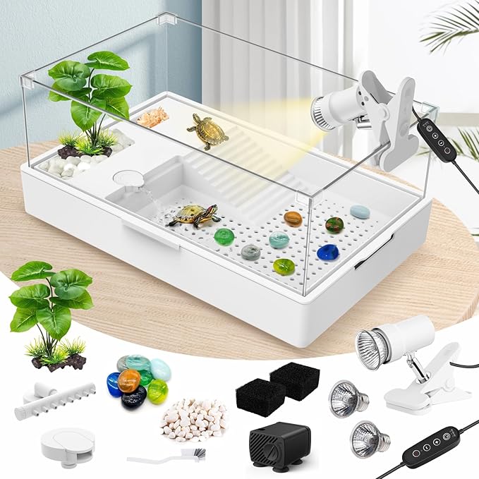GOZILLA Large Turtle Tank Kit+Water Pump+Lamp, Acrylic Turtle Tank Starter Kit with Adjustable 5W Water Pump and Timing/Dimming Lamp, Multi-Functional Area for Small/Medium Turtles(Large-White Kit).-PawvioPets