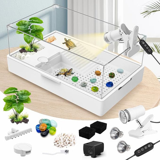 GOZILLA Large Turtle Tank Kit+Water Pump+Lamp, Acrylic Turtle Tank Starter Kit with Adjustable 5W Water Pump and Timing/Dimming Lamp, Multi-Functional Area for Small/Medium Turtles(Large-White Kit).-PawvioPets