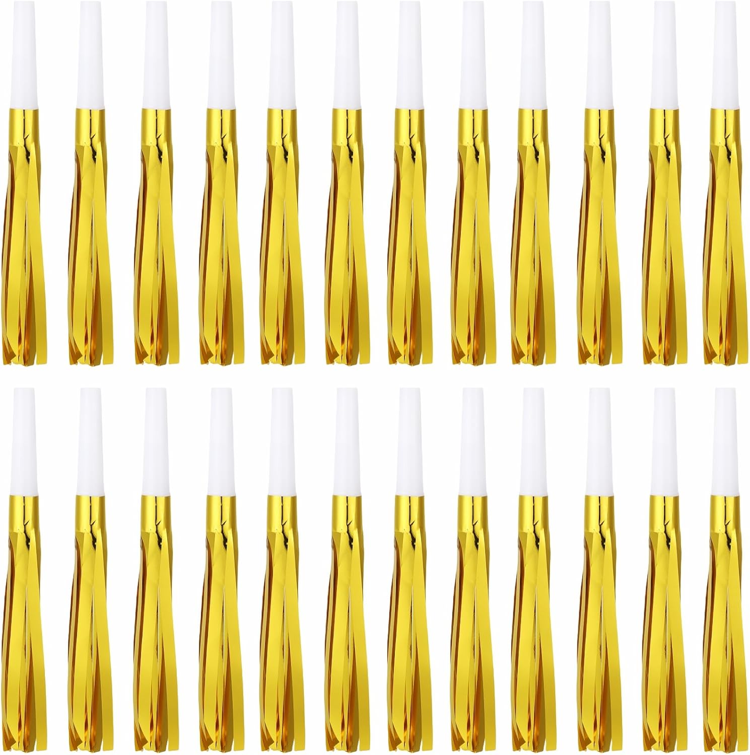 24 Pcs Gold Noise Makers Glitter Metallic Fringed Noise Makers Horns for Baby Shower, Kids Birthday, Wedding Party, New Year Party Favor