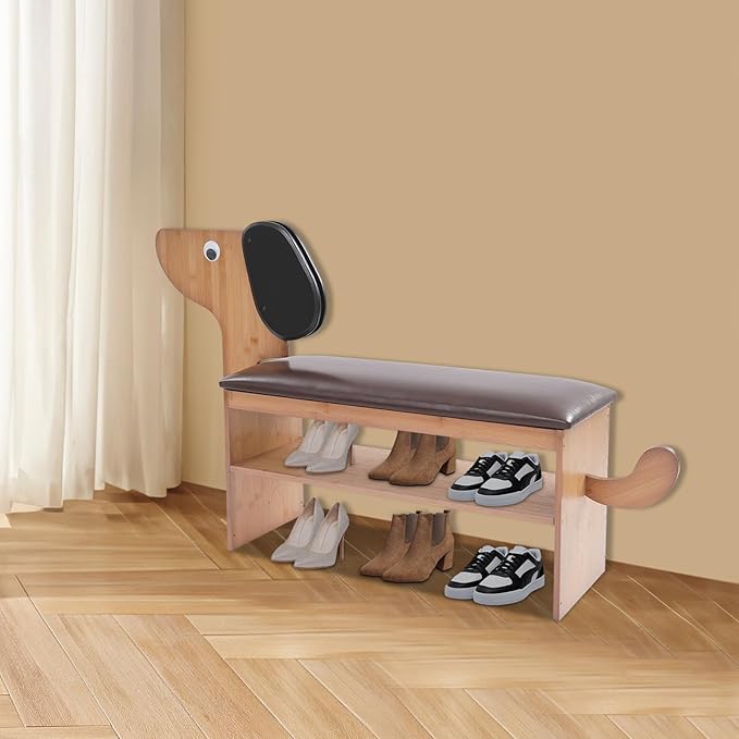 Cute Dog Shoe Bench with Cushion, 51.6”L x 11.8”W Puppy Shoe Storage Bench Dark Brown 2-Tire Bamboo Shoes Rack Bench for Entryway Living Room Hallway Bedroom 220Lbs Load Capacity-PawvioPets