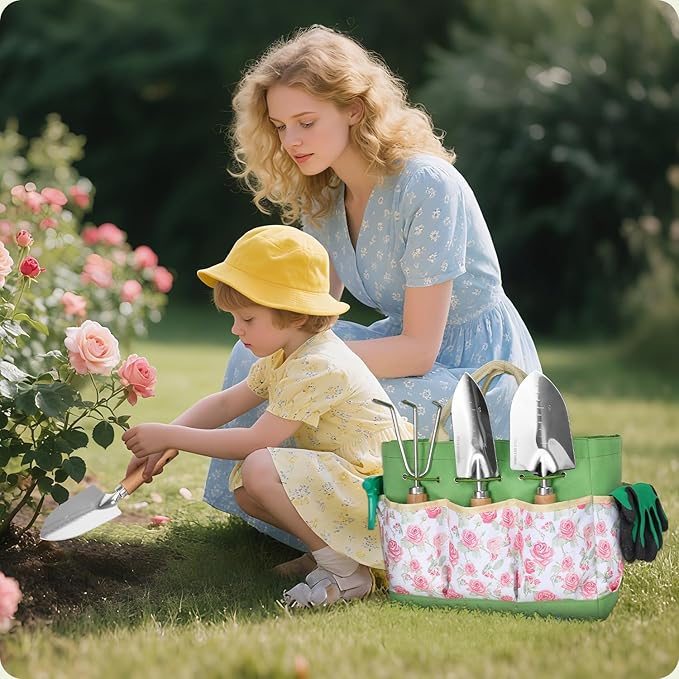 Garden Tool Set,10 Piece Garden Kit,Heavy Duty Stainless Steel Gardening Hand Tools with Durable Storage Tote,Rust-Proof Garden Tools,Gardening Gifts for Women Men Pink Floral Pattern Design-PawvioPets