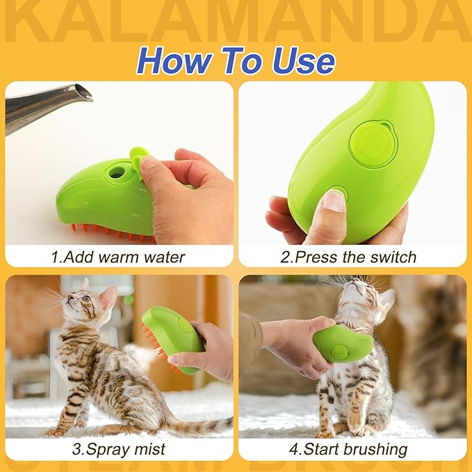 3 in 1 Cat Steamer & Brush - Silicone Massage Grooming Tool, Pet Hair Cleaning Comb for Cats & Dogs (Mango Green)-PawvioPets